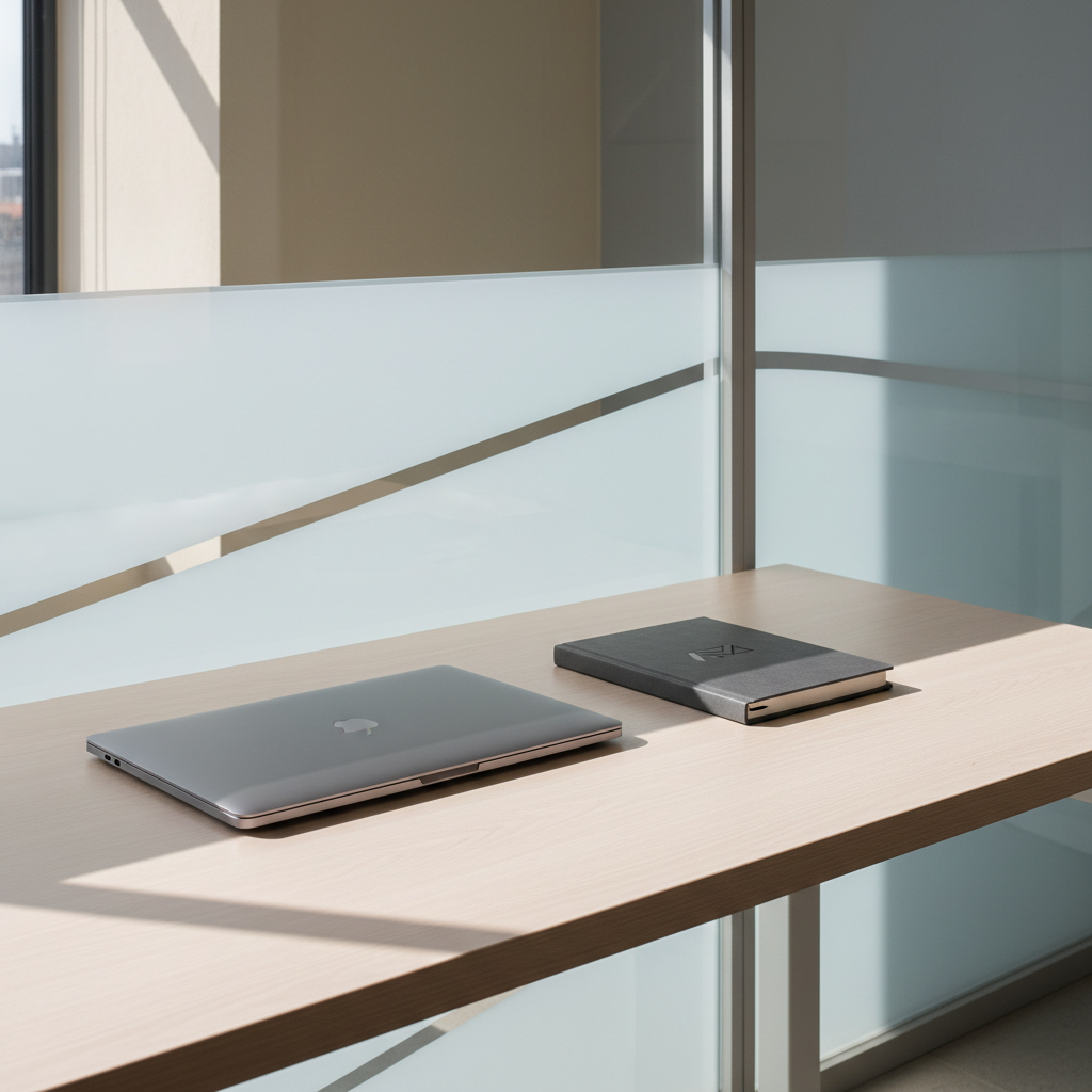 A sleek, modern workspace featuring a closed silver laptop with a subtle brushed metal texture, neatly placed beside a charcoal-gray, hardcover notebook with a minimalist logo embossed on the cover. The laptop and notebook are set on a pale wood desk with impeccably clean lines and no visible clutter. Behind them, a frosted glass panel adds structure and flow to the setting. Neutral-toned walls frame the background, while soft, diffused daylight gently illuminates the scene, casting gentle, elongated shadows for visual depth. Captured at eye level, the overall impression is professional, organized, and calm, with a corporate photographic realism that aligns with a serious, portfolio-driven aesthetic.