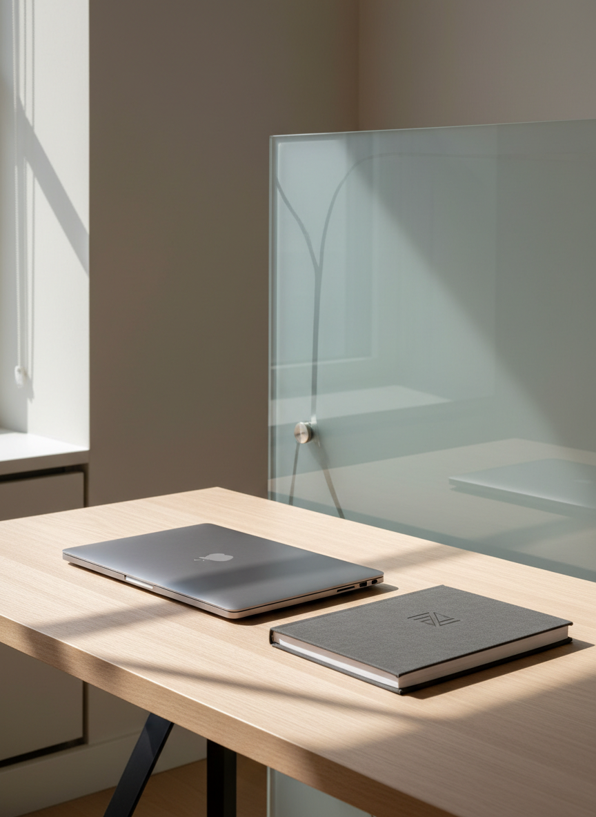 A sleek, modern workspace featuring a closed silver laptop with a subtle brushed metal texture, neatly placed beside a charcoal-gray, hardcover notebook with a minimalist logo embossed on the cover. The laptop and notebook are set on a pale wood desk with impeccably clean lines and no visible clutter. Behind them, a frosted glass panel adds structure and flow to the setting. Neutral-toned walls frame the background, while soft, diffused daylight gently illuminates the scene, casting gentle, elongated shadows for visual depth. Captured at eye level, the overall impression is professional, organized, and calm, with a corporate photographic realism that aligns with a serious, portfolio-driven aesthetic.