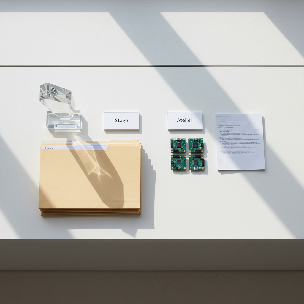 Two polished, structured vignettes side by side: on the left, an elegant glass award next to a slim stack of real-world project folders titled 'Stage', while on the right, a compact array of neatly organized circuit boards and code printouts labeled 'Atelier'. Both are arranged on a matte white display shelf with soft, indirect daylight casting gentle, symmetrical shadows. The imagery is shot from an overhead, top-down perspective, creating a balanced, grid-like composition. The effect is clean, structured, and intentional—perfect for differentiating interactive portfolio sections visually in a photographic, corporate style.
