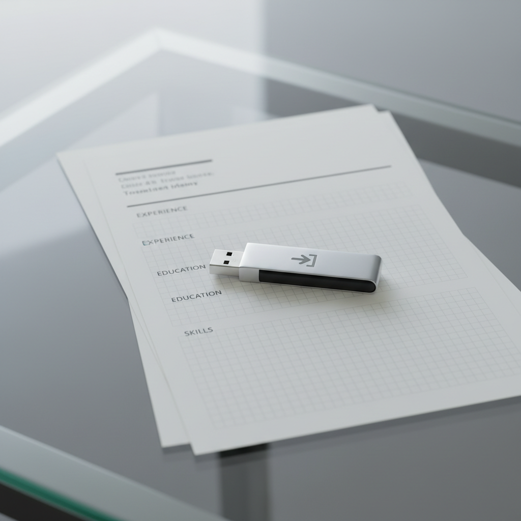 A streamlined CV page concept, with a single, sharply defined silver USB drive engraved with a discrete download icon, resting atop a stack of neutral-hued resume sheets, each with sleek typographic headers and faint gridlines. The stack is placed on a modern, glass-topped desk with subtle reflections and ample negative space surrounding it. Illuminated by steady, cool-toned studio lighting, the scene has razor-sharp detail and subtle metallic highlights on the USB. The overall effect is professional, inviting, and highly ordered—encapsulating the idea of easy, polished portfolio access in a clean photographic style.