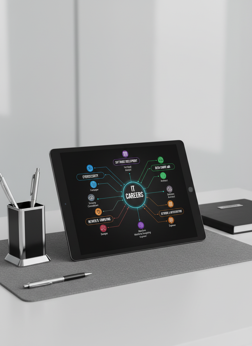 An elegant, minimalist desktop scene centered on a dark matte tablet displaying a detailed, color-coded mind map about IT careers, with fine lines radiating to labeled nodes and simple icons representing distinct job roles. The tablet rests on a soft graphite-gray felt pad, surrounded by chrome-trimmed stationary and a closed, understated file folder. The lighting is cool and even, provided by overhead office LEDs, ensuring precise visibility and crisp highlights on the digital screen. The composition uses a slightly elevated angle, focusing attention on the tablet, with a neutral background to emphasize order and clarity in a highly professional context.