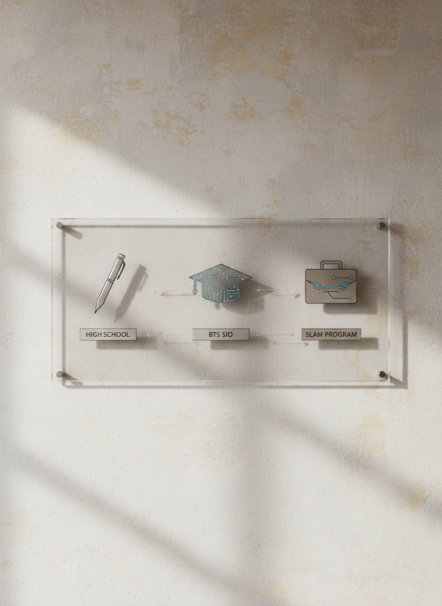A visually organized timeline display consisting of slim, metallic device icons—like a modern pen, a simplified graduation cap, and a techy stylized briefcase—mounted on a clear acrylic board, each representing stages from high school through a BTS SIO SLAM program. The acrylic is positioned vertically in front of a pale, textured wall, with clean soft light creating gentle reflections and well-defined shadows. The image is composed straight-on for clarity, with sharp focus throughout, reinforcing a structured, logical pathway. The mood is purposeful and focused, suited for a professional educational portfolio with a clean, photographic style.